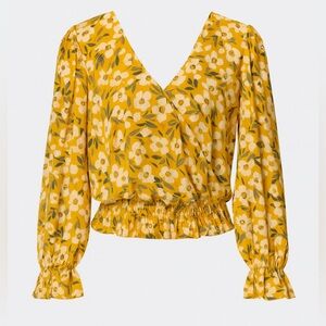 June & Hudson Yellow Floral Wrap Blouse with Smocked Waist. Like New!